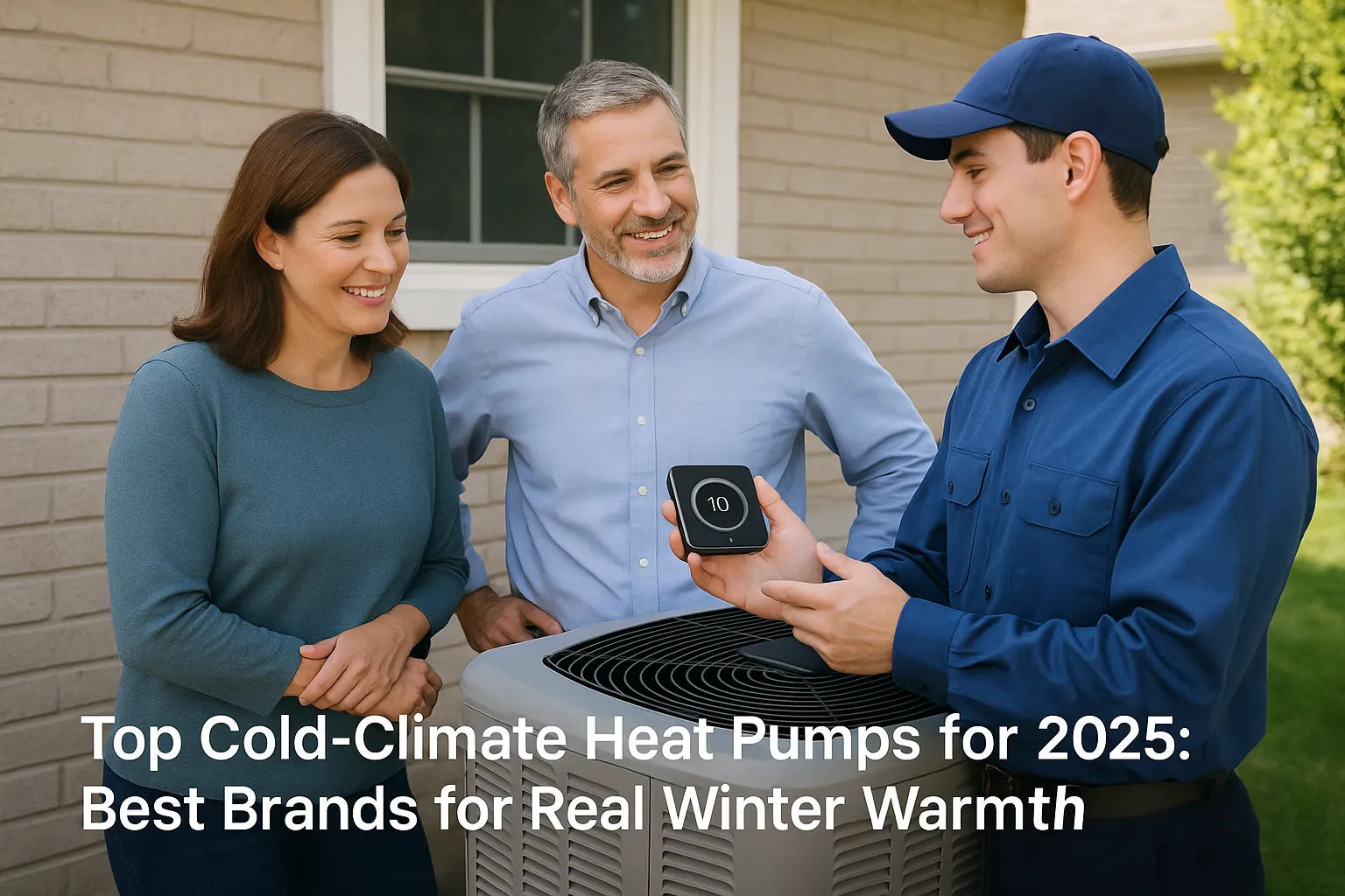 Homeowners speak with an HVAC technician outside their home, discussing a smart thermostat near an outdoor AC unit.