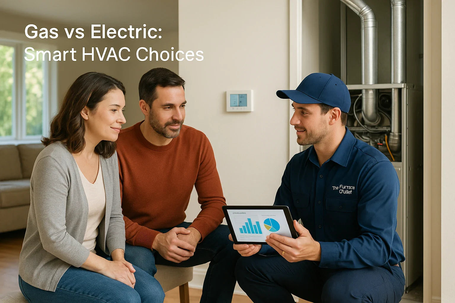Homeowners sit with a uniformed Furnace Outlet technician who shows energy-savings charts on a tablet beside an open high-efficiency furnace, illustrating smart HVAC choices for lower bills.