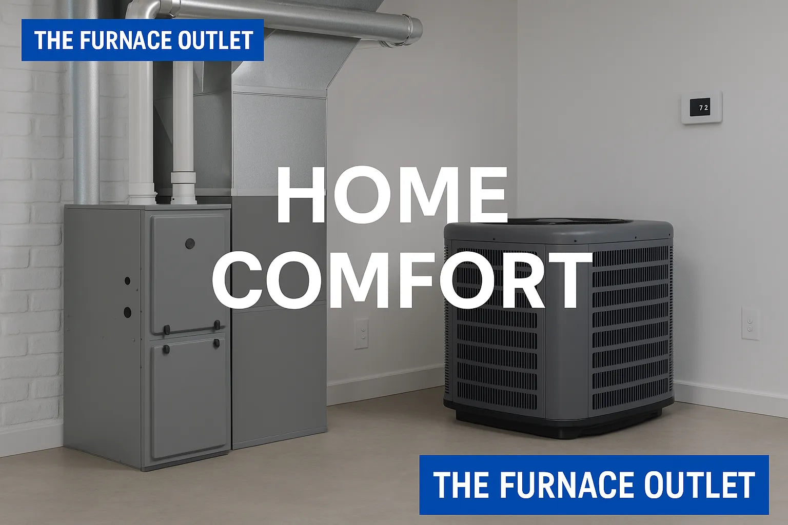 Modern residential HVAC setup with furnace, central AC unit, and thermostat in a bright, clean utility room