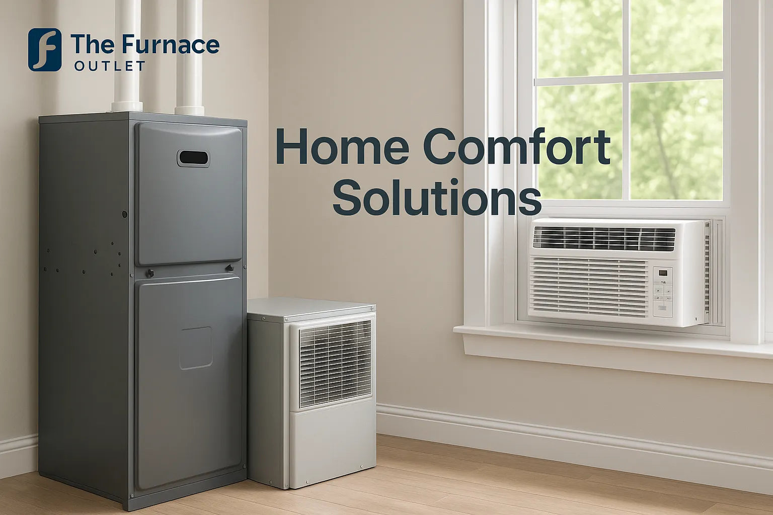 Modern residential HVAC setup showing a window AC unit and furnace system inside a bright, clean home