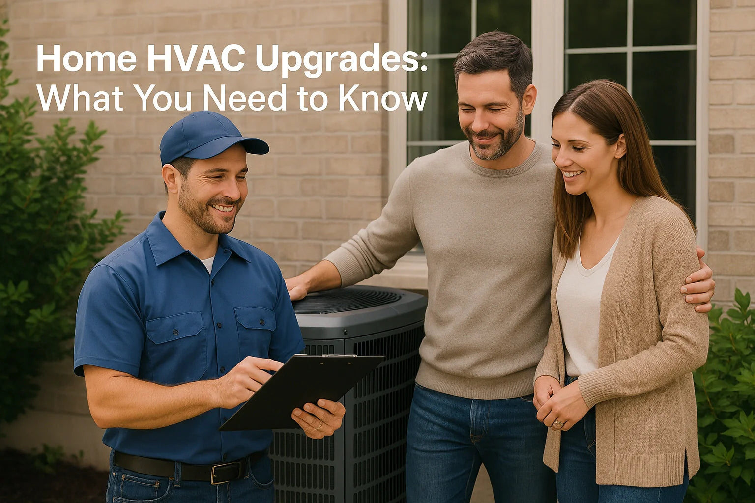 HVAC technician reviews upgrade plans with homeowners beside an outdoor AC unit in a sunny backyard.
