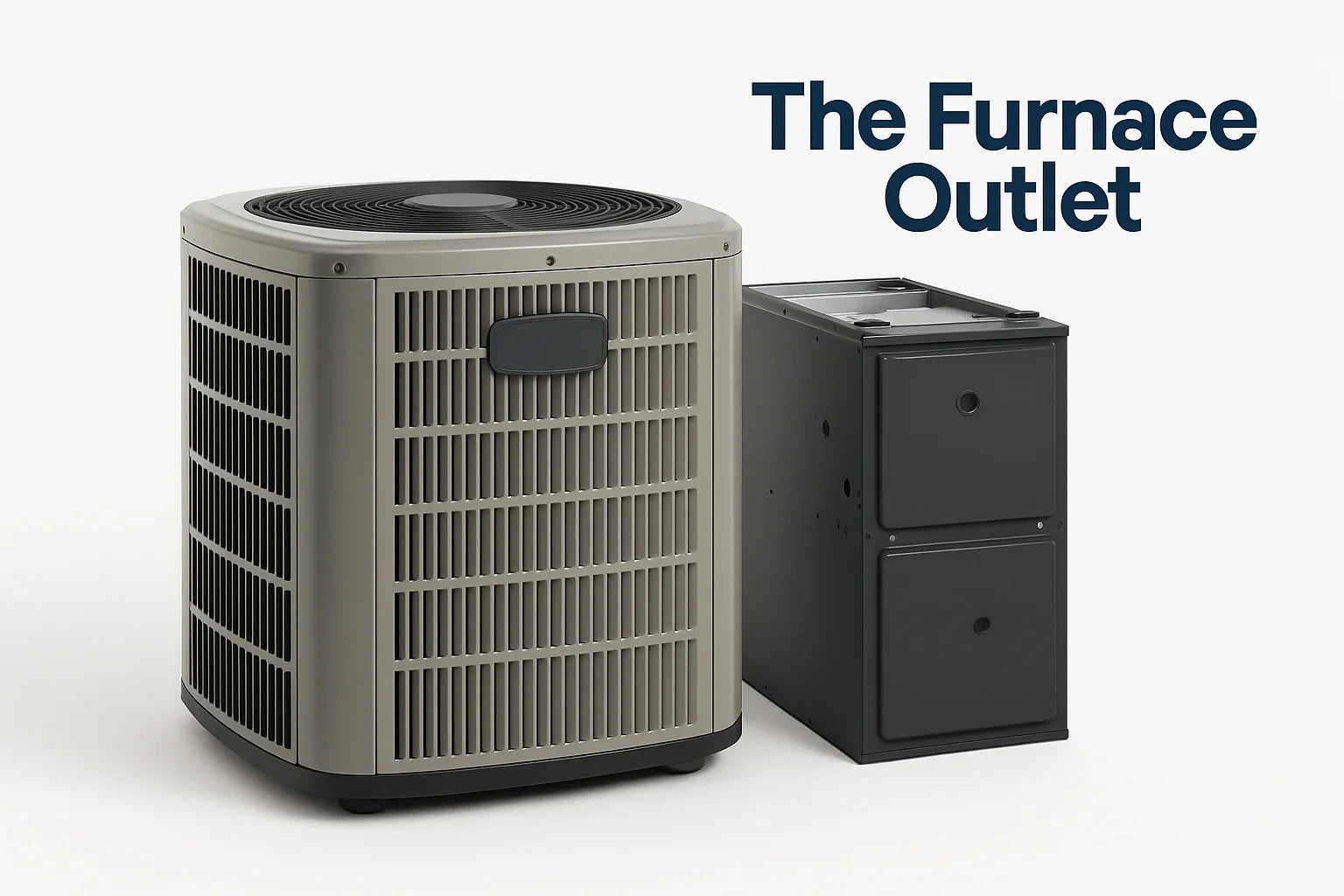modern central air conditioner and furnace unit on white background with The Furnace Outlet logo