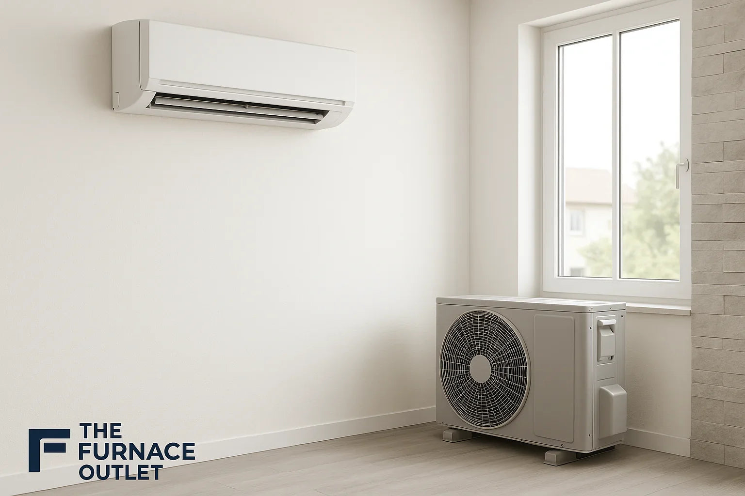 modern mini split air conditioner in bright home interior with logo in corner