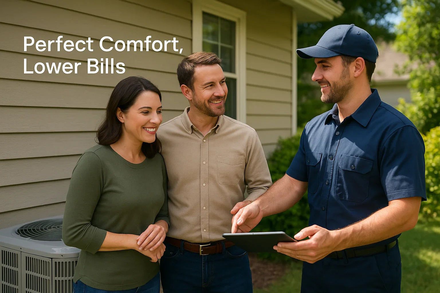 Homeowners reviewing a tablet with an HVAC technician beside an outdoor AC unit in a sunny backyard, representing trustworthy home-comfort upgrades.