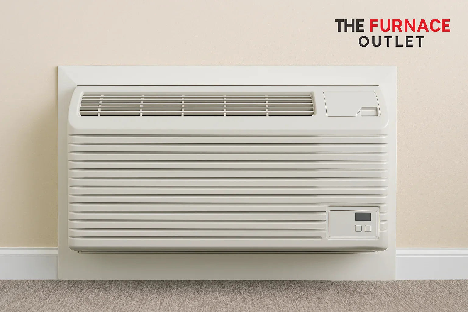 ptac unit installed in wall with furnace outlet logo
