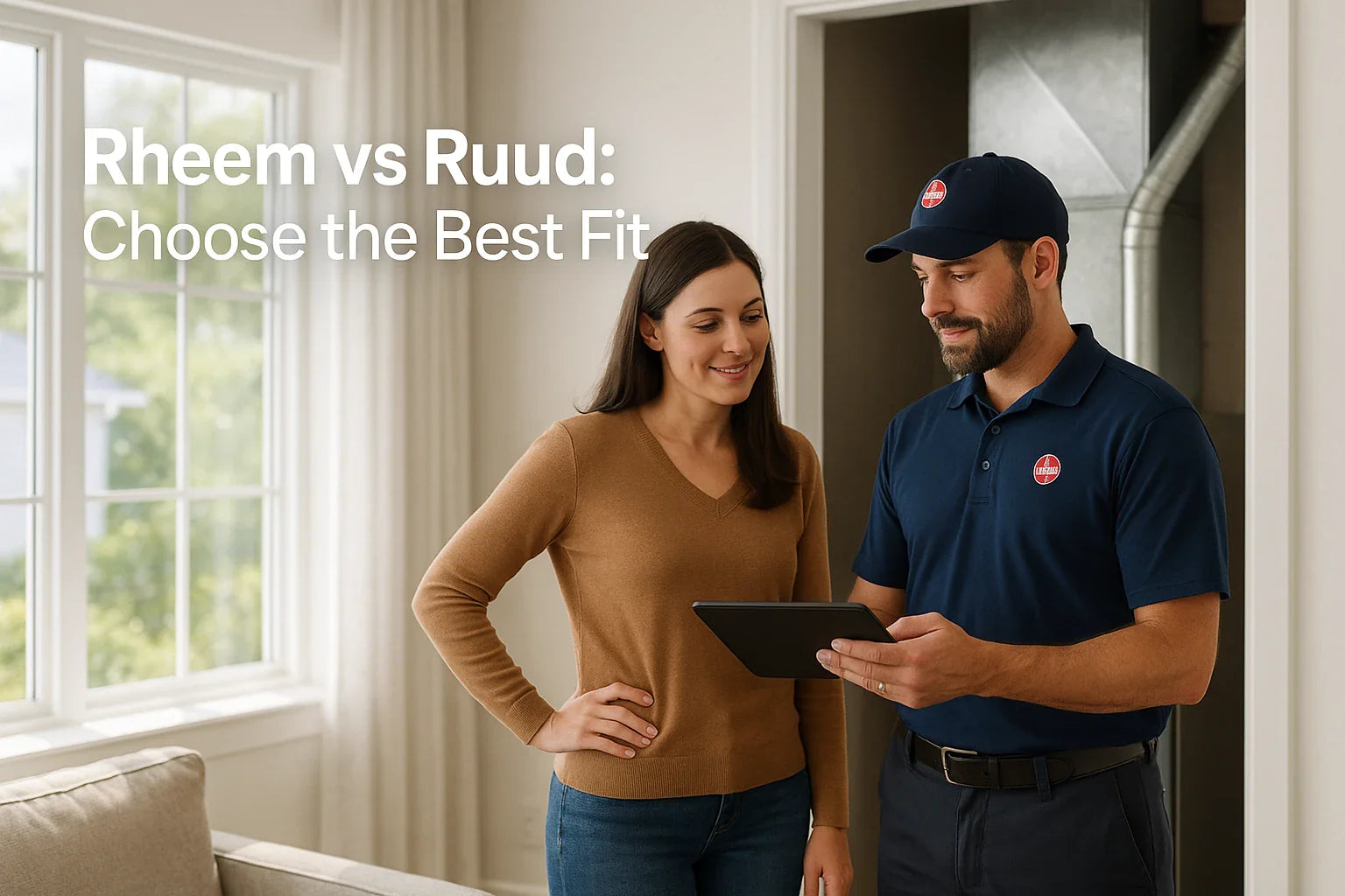 Homeowner reviews comfort-saving HVAC options with a technician beside a furnace unit in a sun-lit living room, overlaid with the text “Rheem vs Ruud: Choose the Best Fit.”