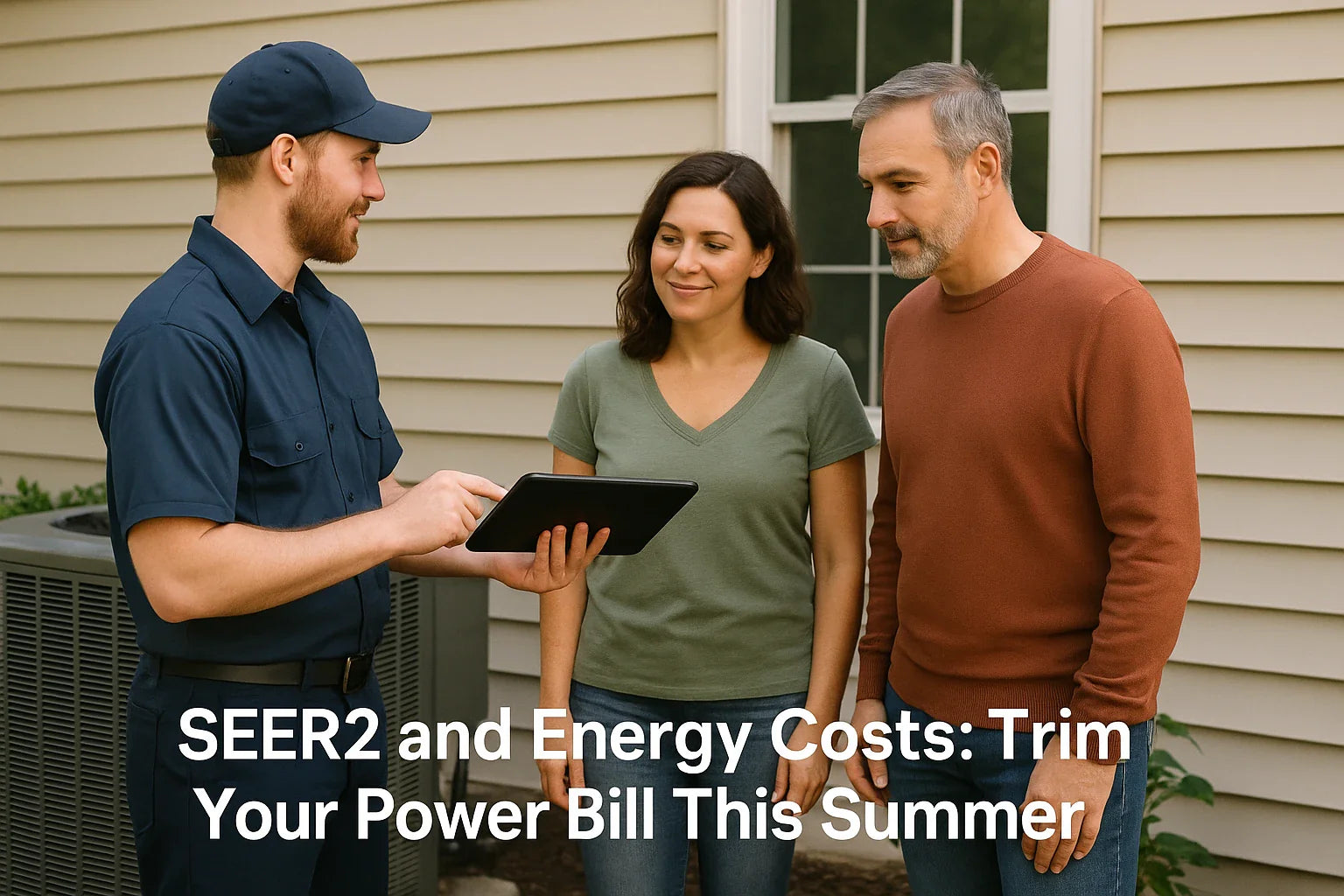 HVAC technician shows tablet to homeowners near outdoor AC unit discussing energy-saving options in backyard.