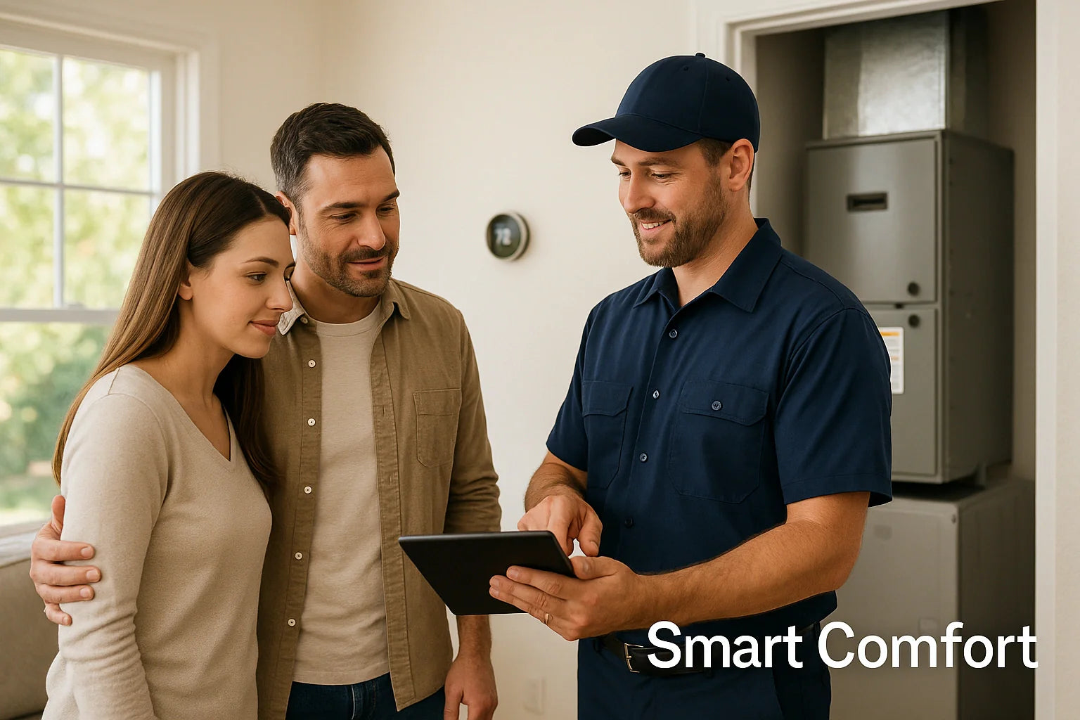 HVAC technician shows a smart thermostat to two homeowners in a sunny living room, with an air handler unit in the background, illustrating energy-saving comfort solutions from The Furnace Outlet.