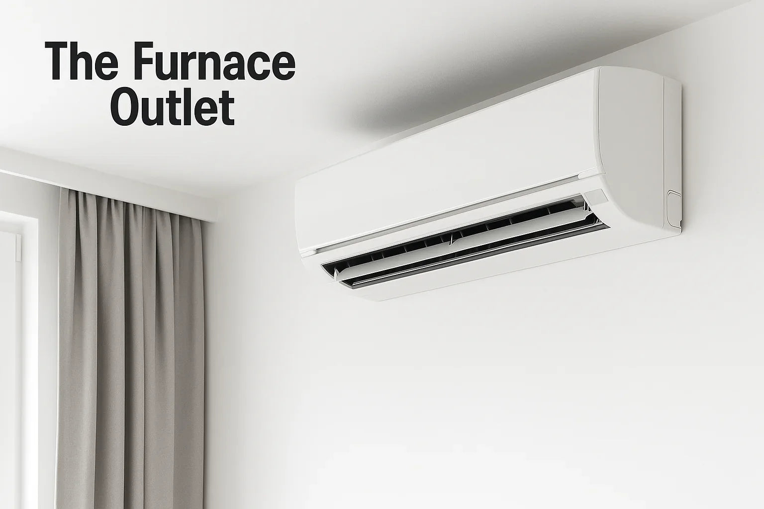 wall mounted mini split air conditioner in bright modern room with grey curtain