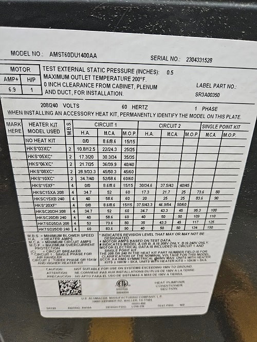 Scratch and Dent Goodman 5 Ton Multi-Positional Air Handler with Multi-Speed ECM Motor AMST60DU1400-2304331528