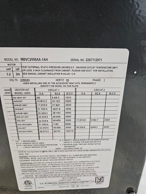 Scratch and Dent Goodman 68,240 BTU 20 kW Electric Furnace with 2,000 CFM MODEL MBVC2000AA-1-2207712971