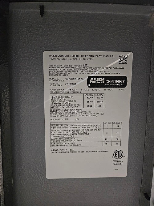 Scratch and Dent Goodman Gas Furnace 80,000 BTU 80% AFUE Downflow/Horizontal Single Stage model GD9S800804BN-2408222634