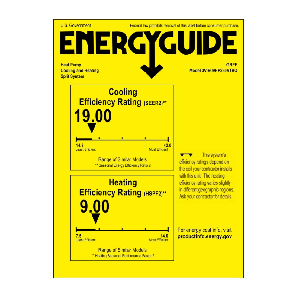 GREE Vireo GEN3 Series 9,000 BTU 230V Universal Floor/Ceiling Mini-Split Heat Pump System - Energy Guide Label