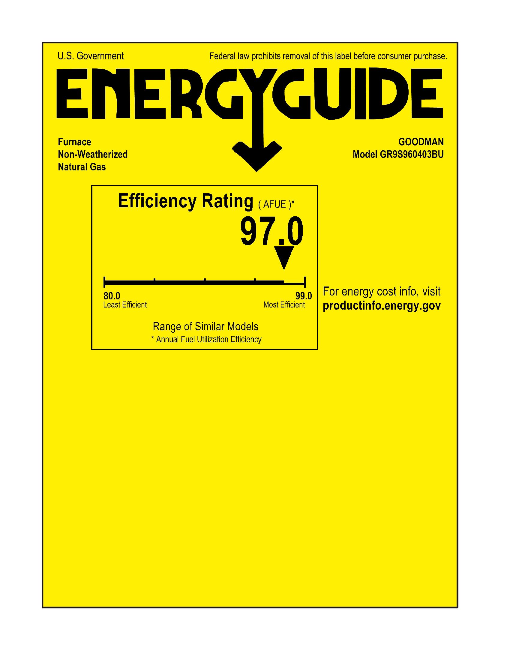 40,000 BTU 96% AFUE Upflow/Horizontal Single Stage Ultra Low NOx Goodman Gas Furnace - GR9S960403BU