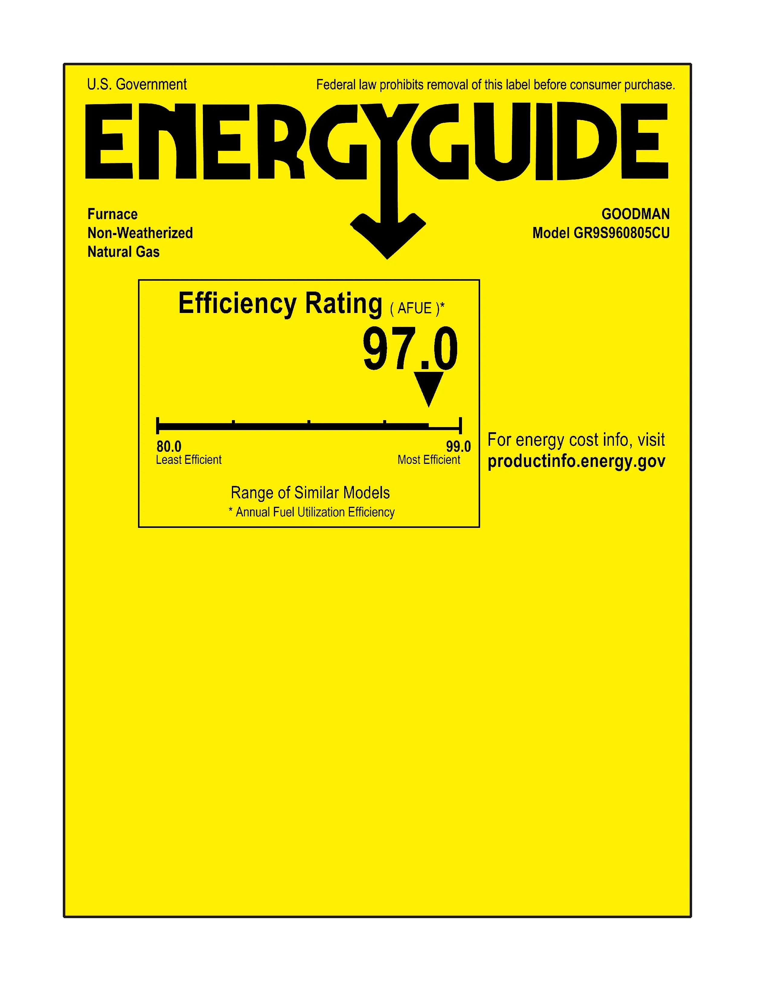 80,000 BTU 96% AFUE Upflow/Horizontal Single Stage Ultra Low NOx Goodman Gas Furnace - GR9S960805CU