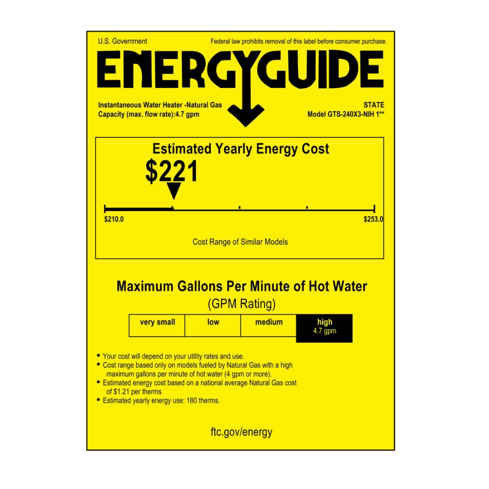 State 160,000 BTU Condensing Gas Tankless Water Heater - Energy Guide Label