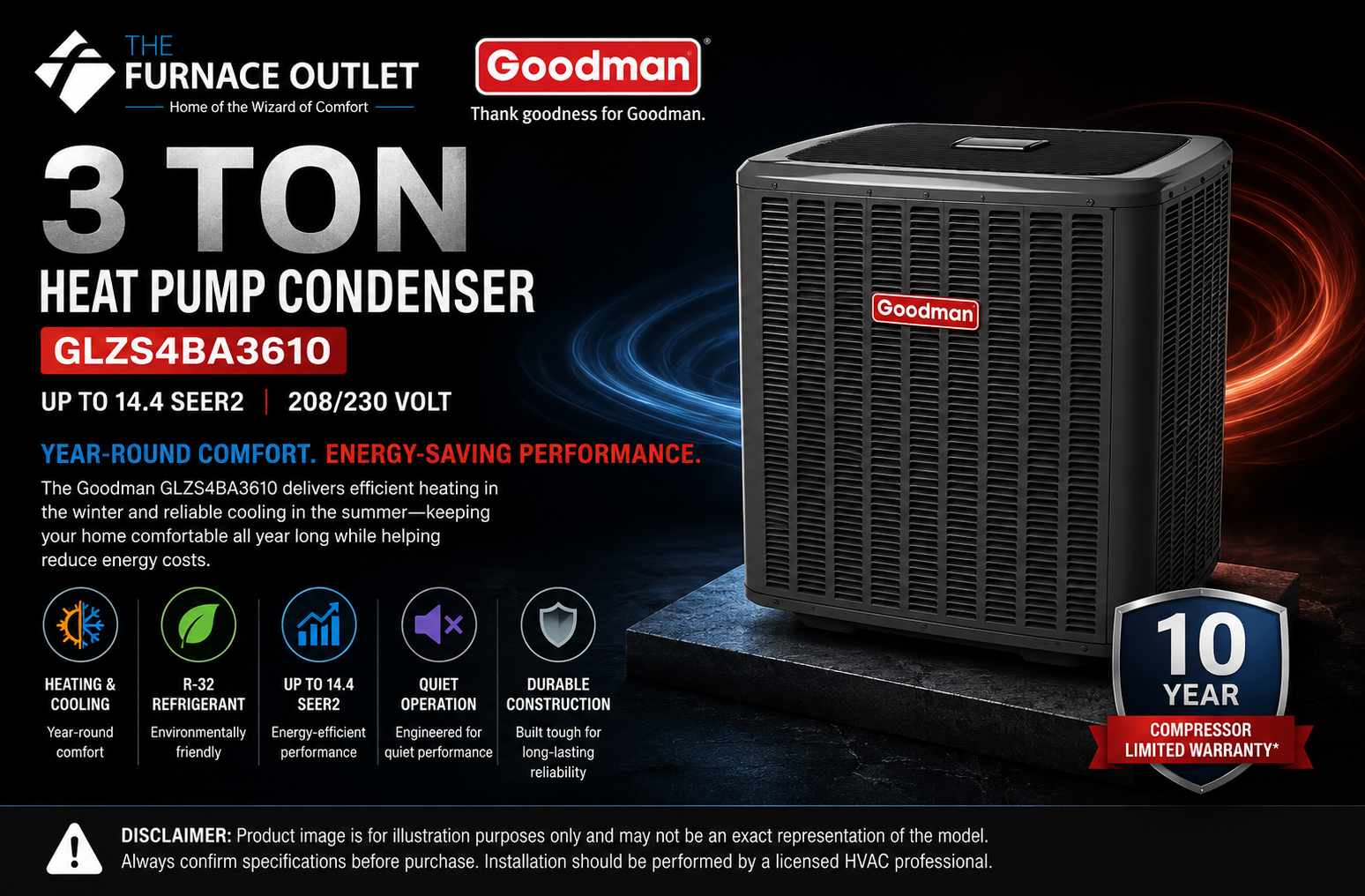 Goodman GLZS4BA3610 3 Ton Up to 14.4 SEER2 208/230 Volt Heat Pump