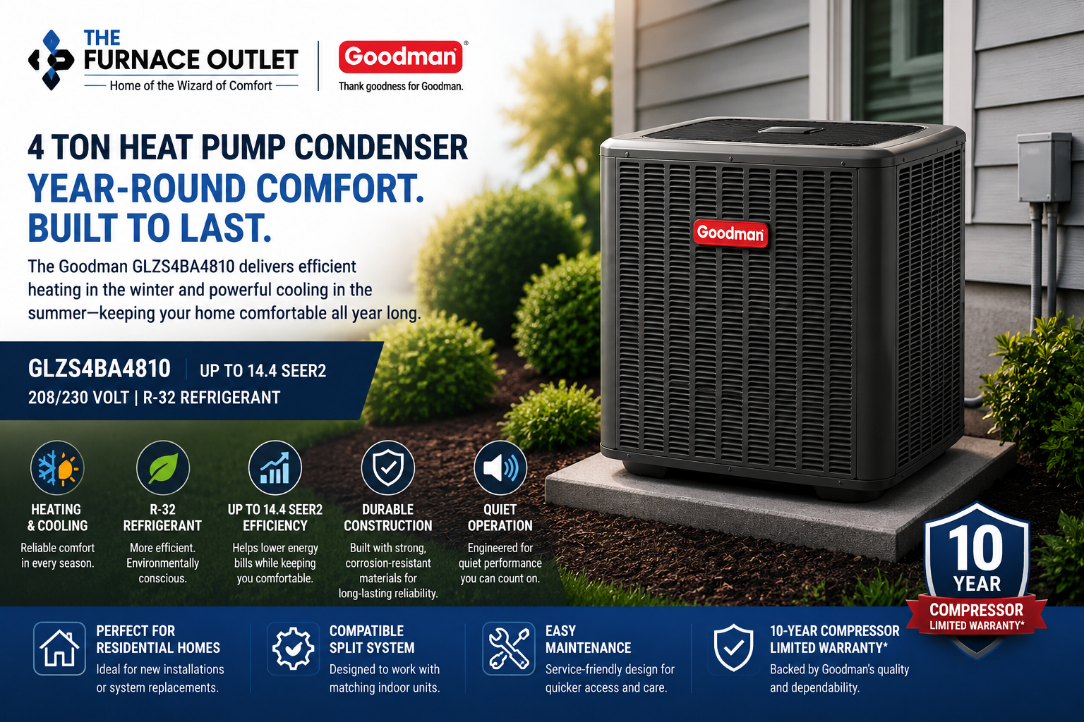 Goodman GLZS4BA4810 4 Ton Up to 14.4 SEER2 208/230 Volt Heat Pump