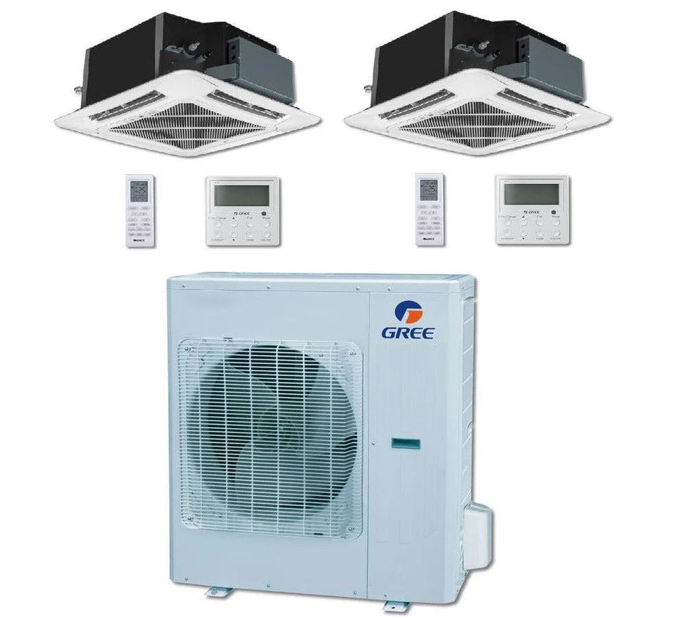 GREE Multi Gen2 Series 30,000 BTU 2-Zone Ceiling Cassette 18K+12K Ductless Mini-Split System - MULTI30HP230V1EO,CAS18HP230V1BC,CAS12HP230V1BC