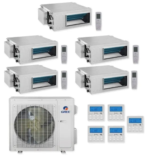 GREE Multi Gen2 Series 42,000 BTU 5-Zone Concealed Duct 9K+9K+12K+12K+18K Ductless Mini-Split System - MULTI42HP230V1EO,2xDUCT09HP230V1BD,2xDUCT12HP230V1BD,DUCT18HP230V1BD