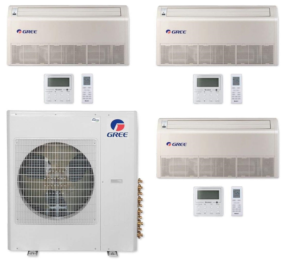 GREE Multi Gen2 Series 24,000 BTU 3-Zone Universal Floor/Ceiling 9K+9K+12K Ductless Mini-Split System - MULTI24HP230V1EO,2xFLR09HP230V1BF,FLR12HP230V1BF