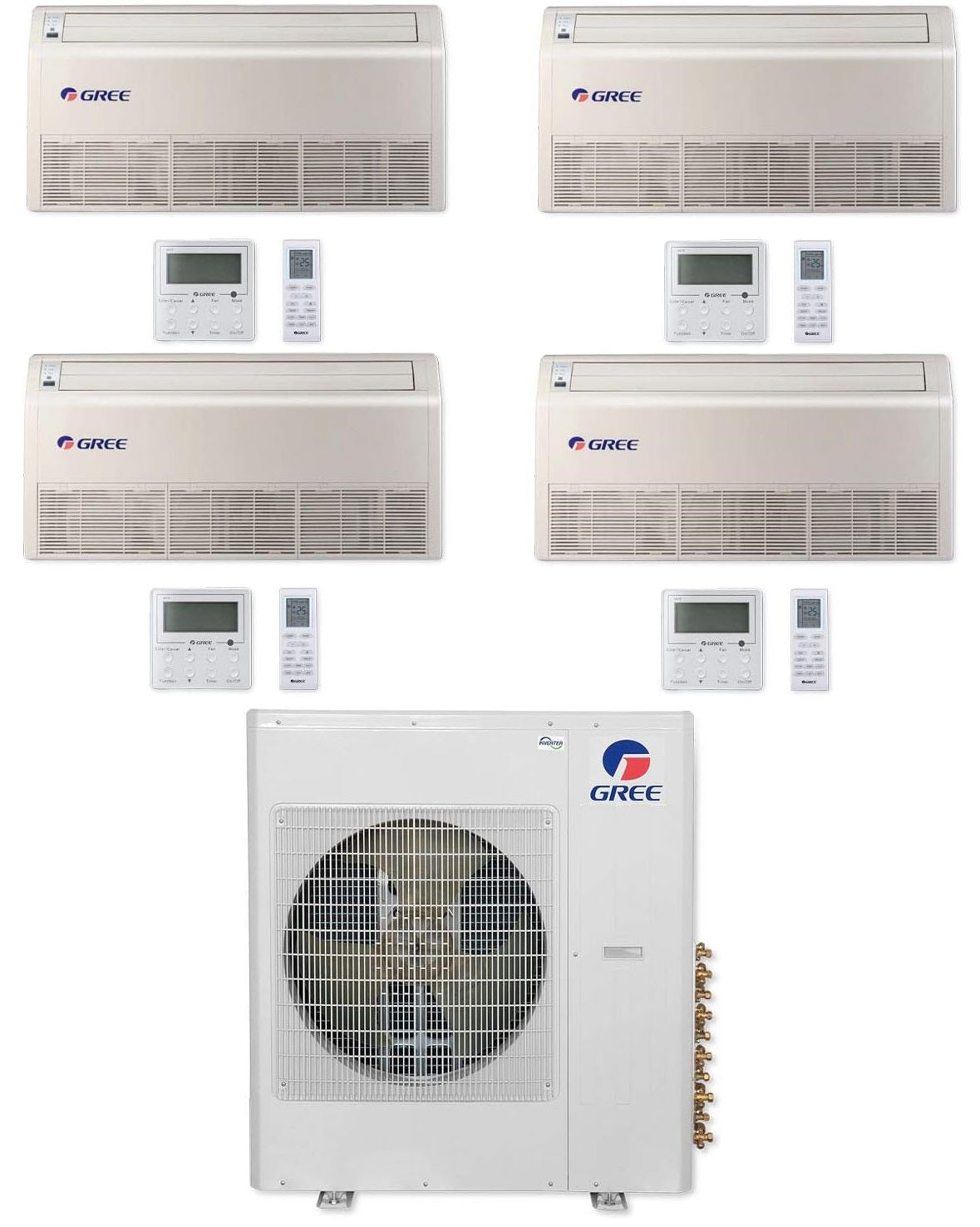 GREE Multi Gen2 Series 30,000 BTU 4-Zone Universal Floor/Ceiling 9K+9K+12K+12K Ductless Mini-Split System - MULTI30HP230V1EO,2xFLR09HP230V1BF,2xFLR12HP230V1BF