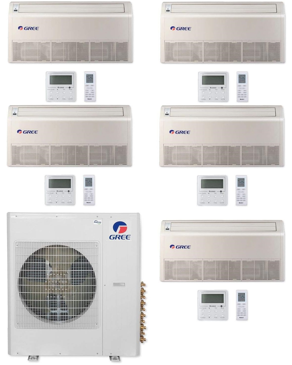 GREE Multi Gen2 Series 42,000 BTU 5-Zone Universal Floor/Ceiling 9K+9K+9K+18K+18K Ductless Mini-Split System - MULTI42HP230V1EO,3xFLR09HP230V1BF,2xFLR18HP230V1BF