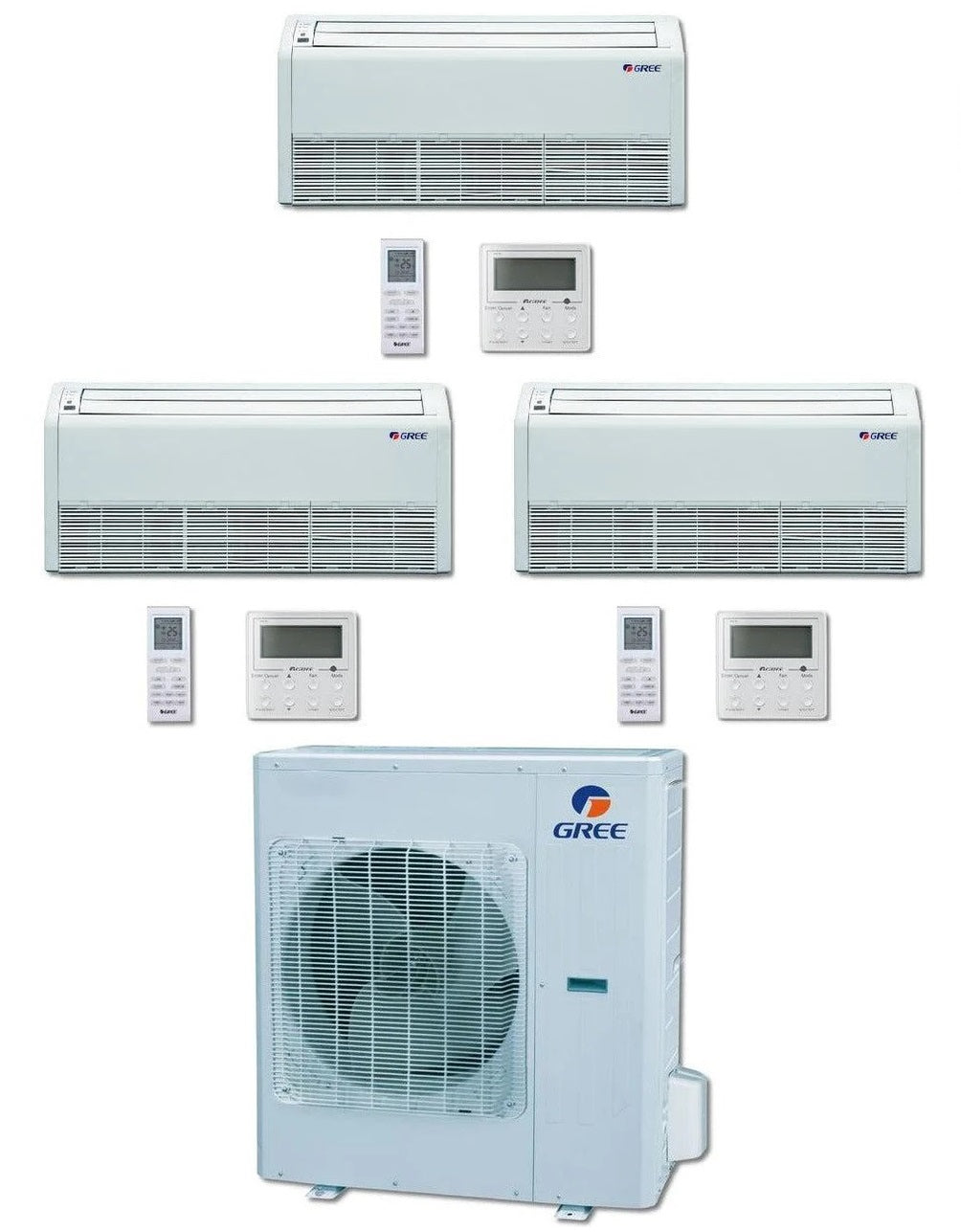 GREE Multi+ Ultra Series 42,000 BTU 3-Zone Universal Floor/Ceiling 9K+24K+24K Ductless Mini-Split System - MULTIU42HP230V1DO,FLR09HP230V1BF,2xFLR24HP230V1BF