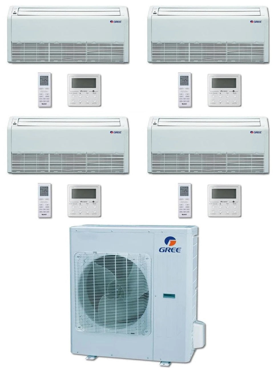 GREE Multi+ Ultra Series 42,000 BTU 4-Zone Universal Floor/Ceiling 9K+12K+12K+24K Ductless Mini-Split System - MULTIU42HP230V1DO,FLR09HP230V1BF,2xFLR12HP230V1BF,FLR24HP230V1BF