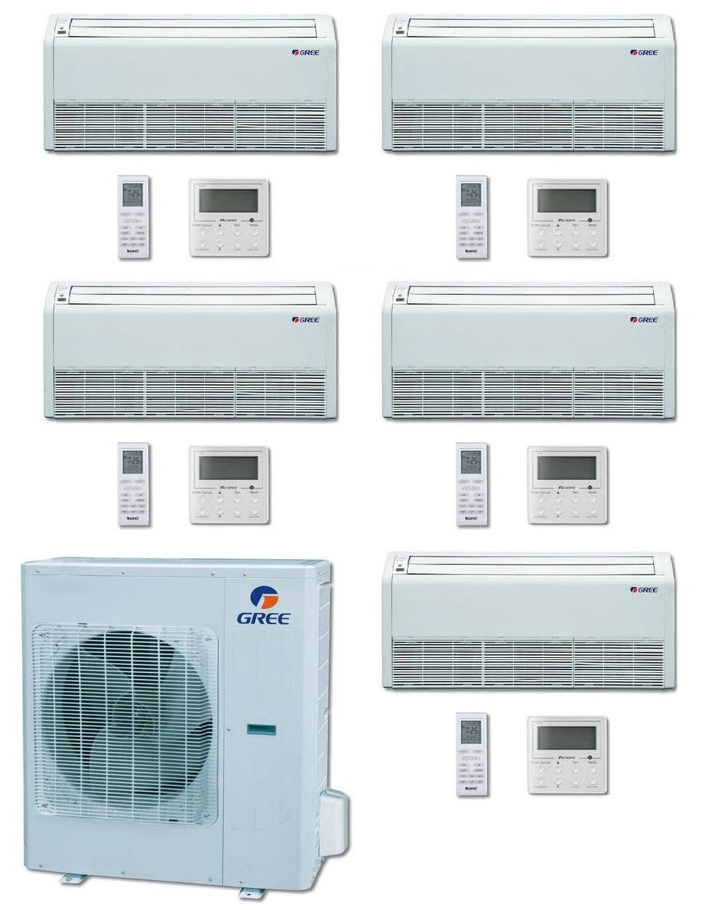 GREE Multi+ Ultra Series 42,000 BTU 5-Zone Universal Floor/Ceiling 9K+9K+12K+12K+18K Ductless Mini-Split System - MULTIU42HP230V1DO,2xFLR09HP230V1BF,2xFLR12HP230V1BF,FLR18HP230V1BF