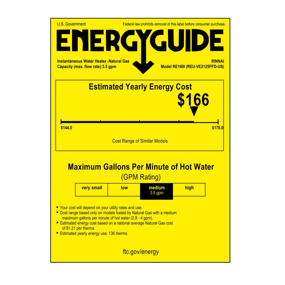 Rinnai RE Series 160,000 BTU Non-Condensing Interior Natural Gas Tankless Water Heater - Energy Guide Label