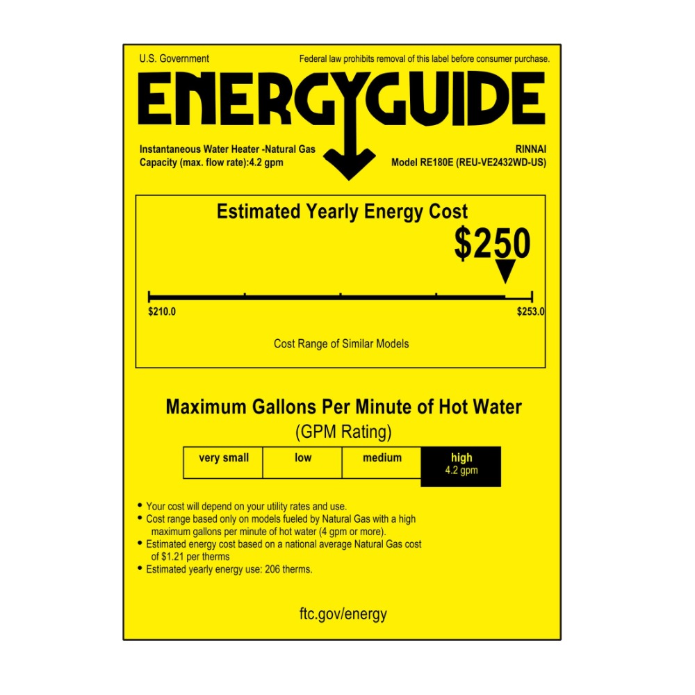 Rinnai RE Series 180,000 BTU Non-Condensing Exterior Natural Gas Tankless Water Heater - Energy Guide Label