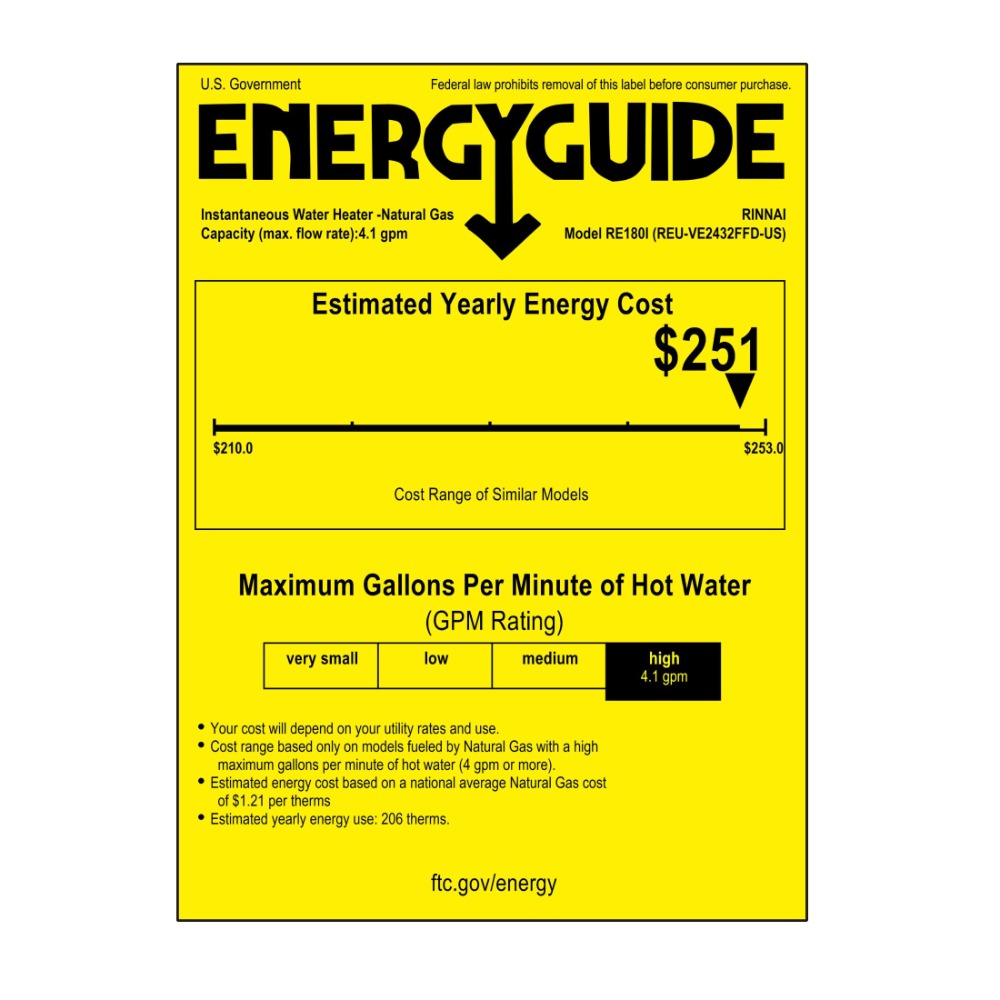 Rinnai RE Series 180,000 BTU Non-Condensing Interior Natural Gas Tankless Water Heater - Energy Guide Label