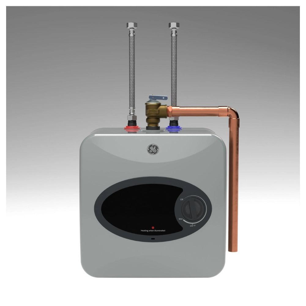 GE 2.5 Gallon 120V Electric Point-of-Use Tank-Style Water Heater - Front View with Connections