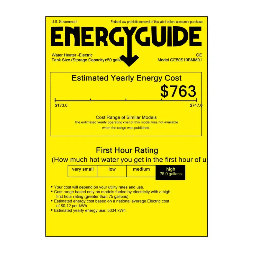 GE 50 Gallon Flexible-Capacity 240V Smart Electric Water Heater - Energy Guide Label