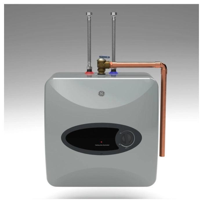 GE 6 Gallon 120V Electric Point-of-Use Tank-Style Water Heater - Front View with Connections