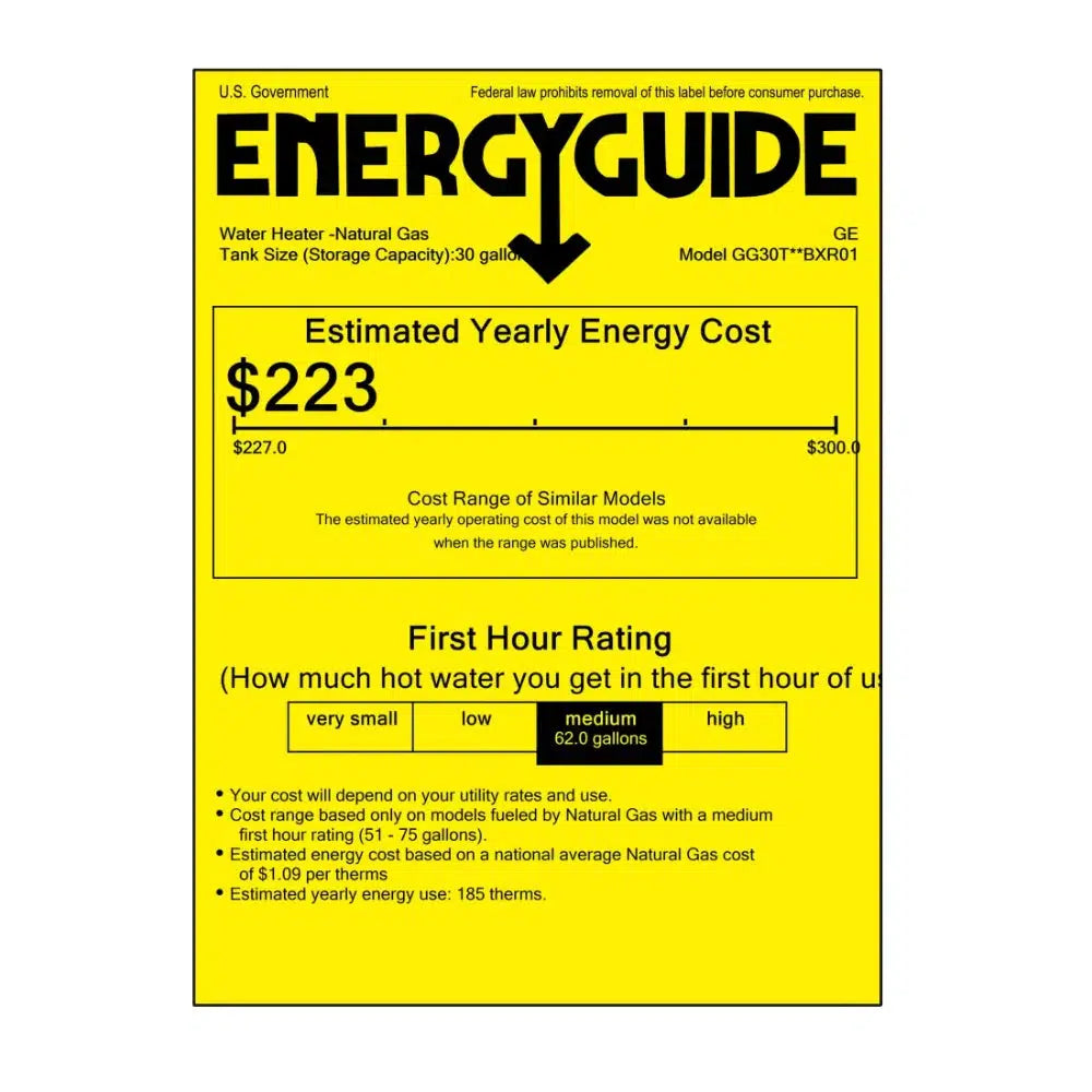 GE RealMAX Atmospheric 30 Gallon Capacity Tall Natural Gas Water Heater - Energy Guide Label