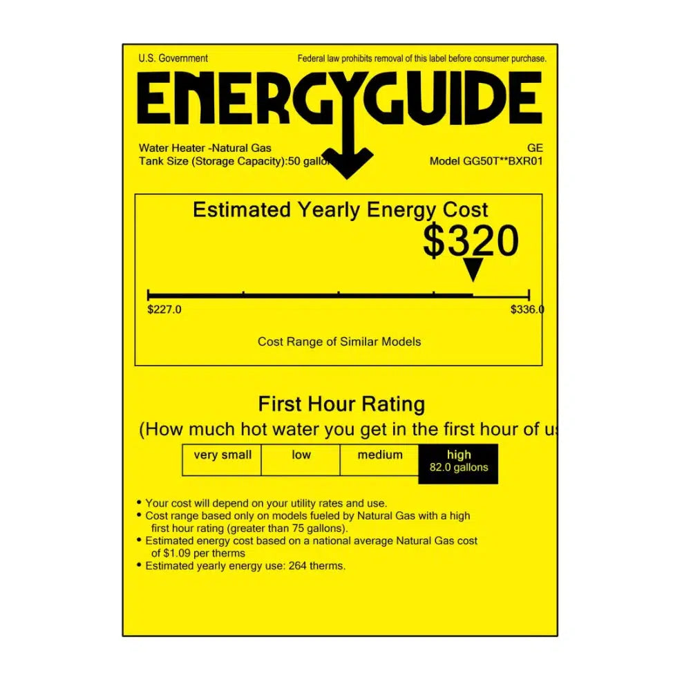 GE RealMAX Atmospheric Choice Model 50 Gallon Capacity Tall Natural Gas Water Heater - Energy Guide Label