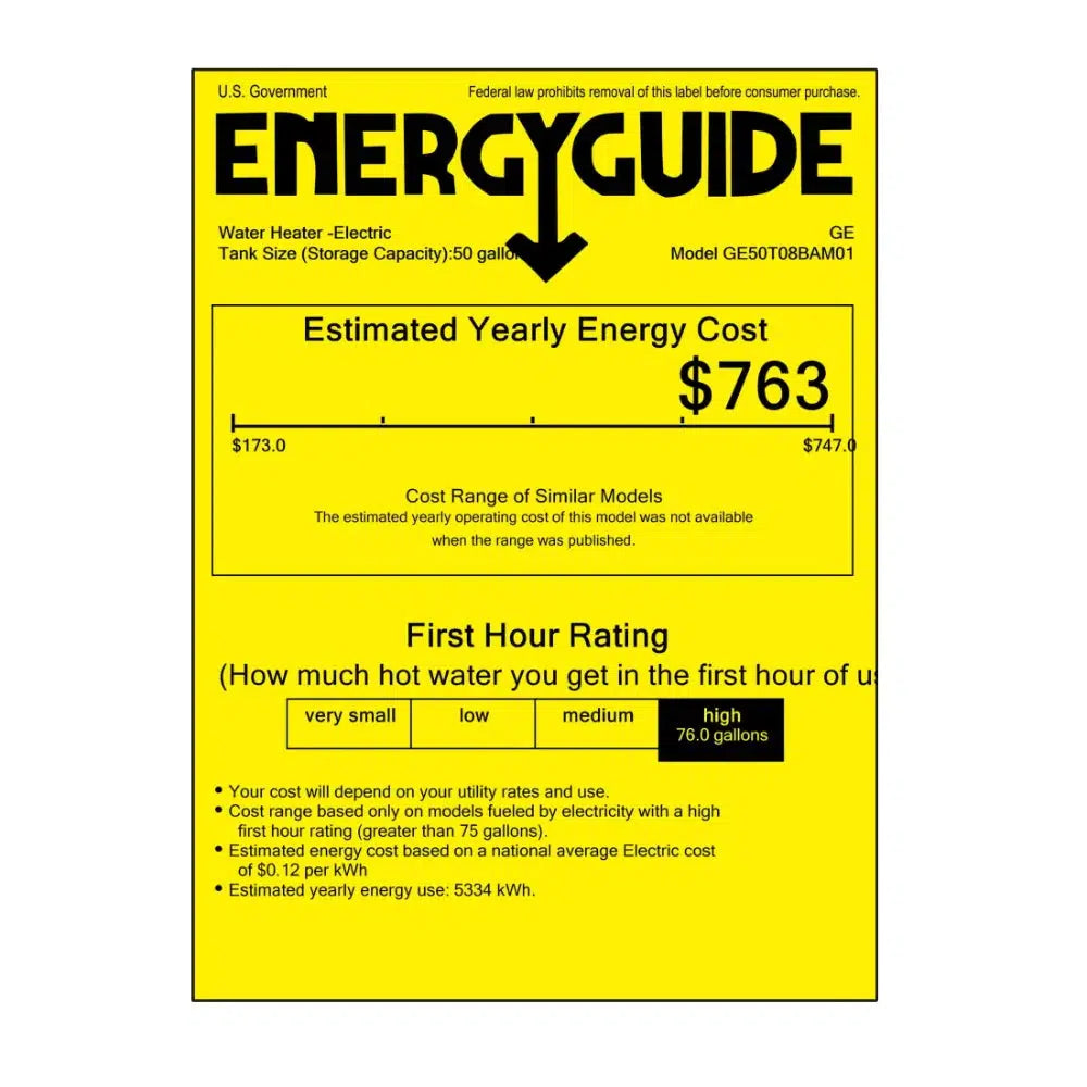 GE RealMAX Choice Model 50 Gallon Capacity Tall Electric Water Heater - Energy Guide Label