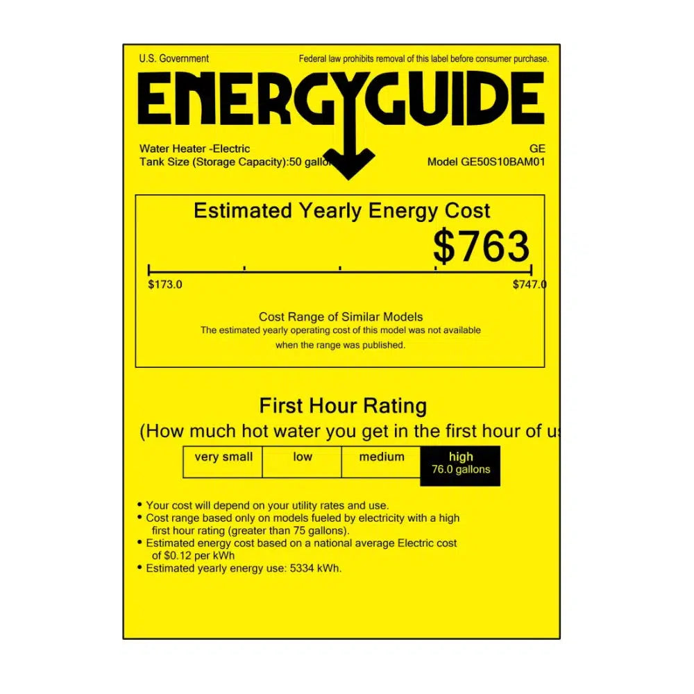 GE RealMAX Premium Model 50 Gallon Capacity Short Electric Water Heater - Energy Guide Label