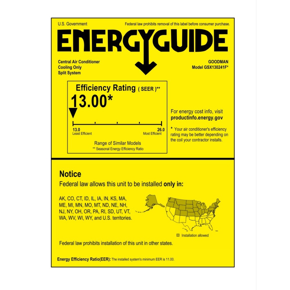 Goodman 2 Ton 13 SEER Single-Stage Air Conditioner Condenser GSX130241 - Energy Guide Label