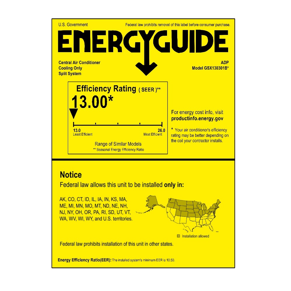 Goodman 2.5 Ton 13 SEER Single-Stage Air Conditioner Condenser GSX130301 - Energy Guide Label