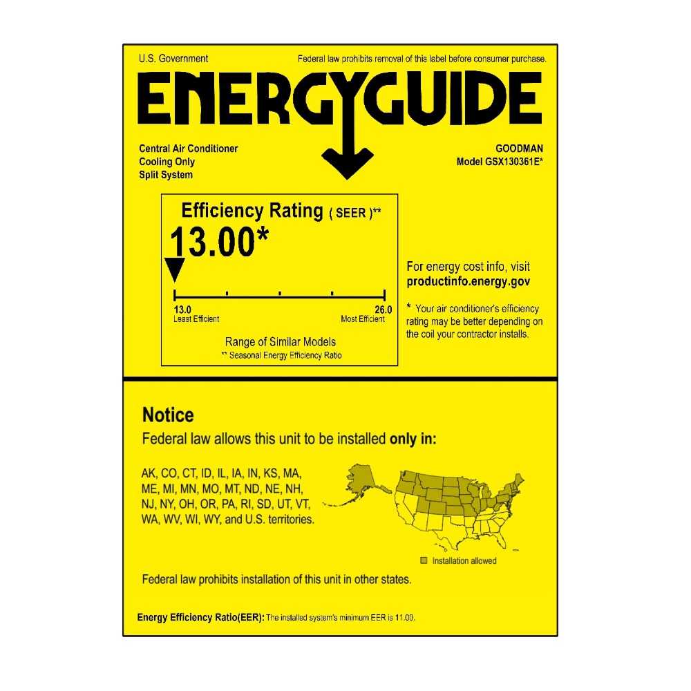 Goodman 3 Ton 13 SEER Single-Stage Air Conditioner Condenser GSX130361 - Energy Guide Label