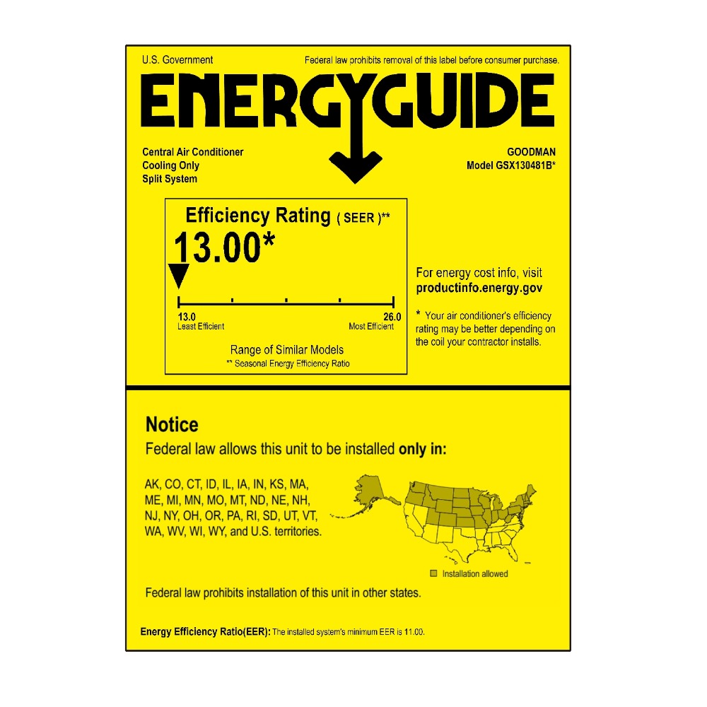 Goodman 4 Ton 13 SEER Single-Stage Air Conditioner Condenser GSX130481 - Energy Guide Label