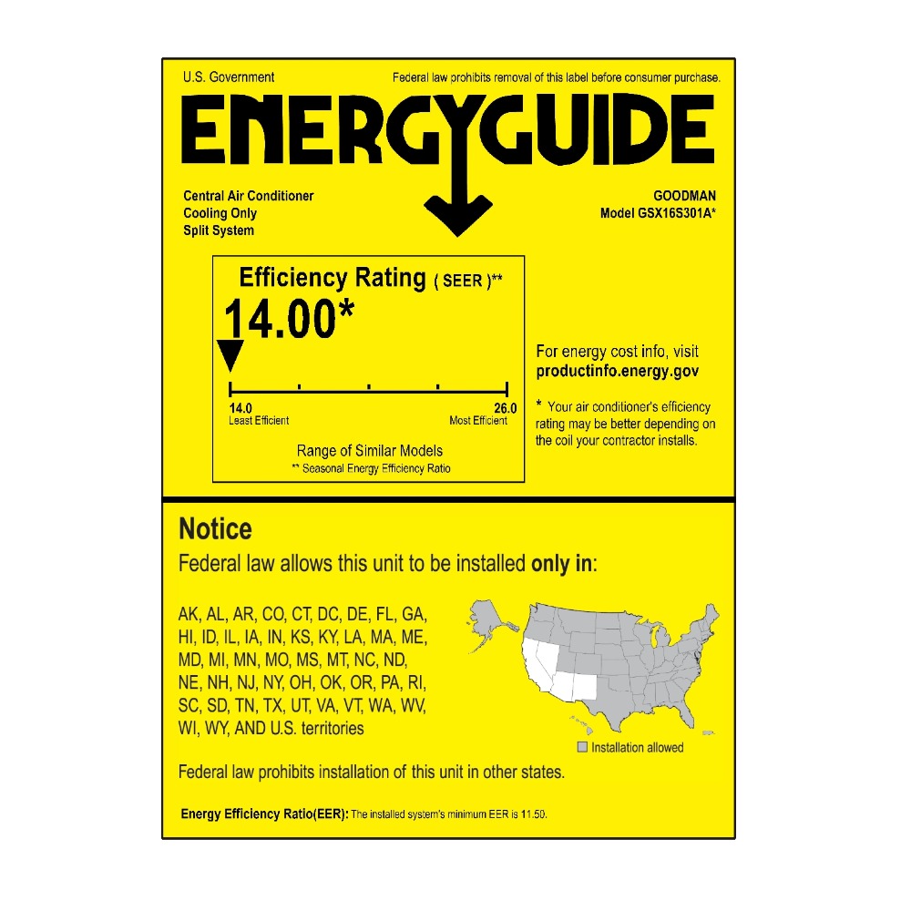 Goodman 2.5 Ton 16 SEER Single-Stage Air Conditioner Condenser GSX16S301 - Energy Guide Label