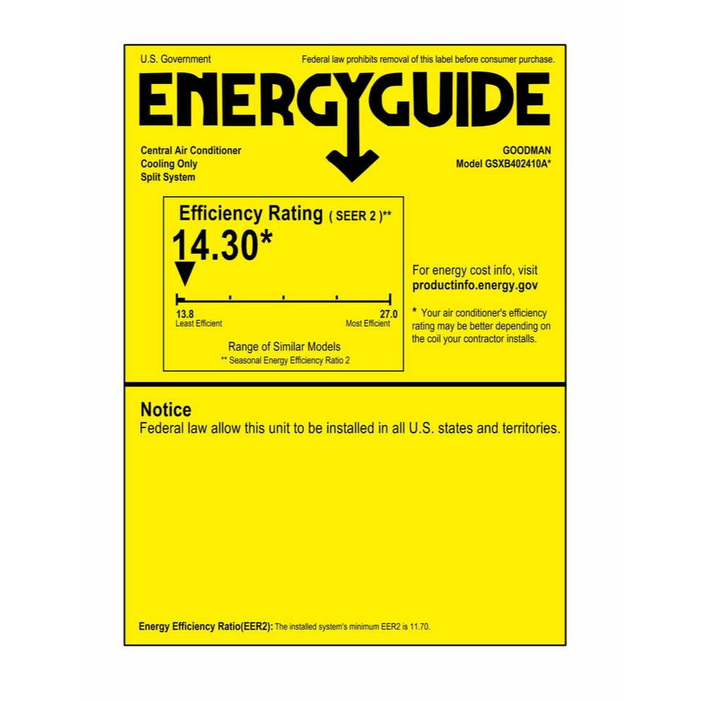 2 Ton 14.3 SEER2 Goodman AC GSXB402410 and Vertical Coil CAPTA2422C4 - Condenser Energy Guide  Label