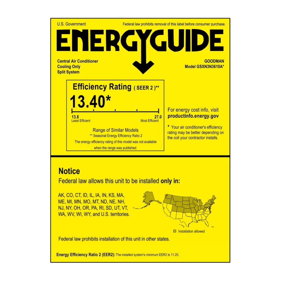 Goodman 3 Ton 13.4 SEER2 Single-Stage Air Conditioner Condenser GSXN3N3610 - Energy Guide Label