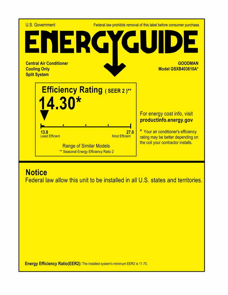 Goodman 3 Ton 14.3 SEER2 Single-Stage Air Conditioner Condenser GSXB403610 - Energy Guide Label