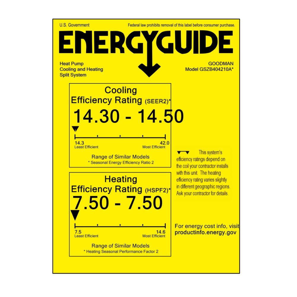 Goodman 3.5 Ton 14.3 SEER2 Single-Stage Heat Pump GSZB404210 - Energy Guide Label