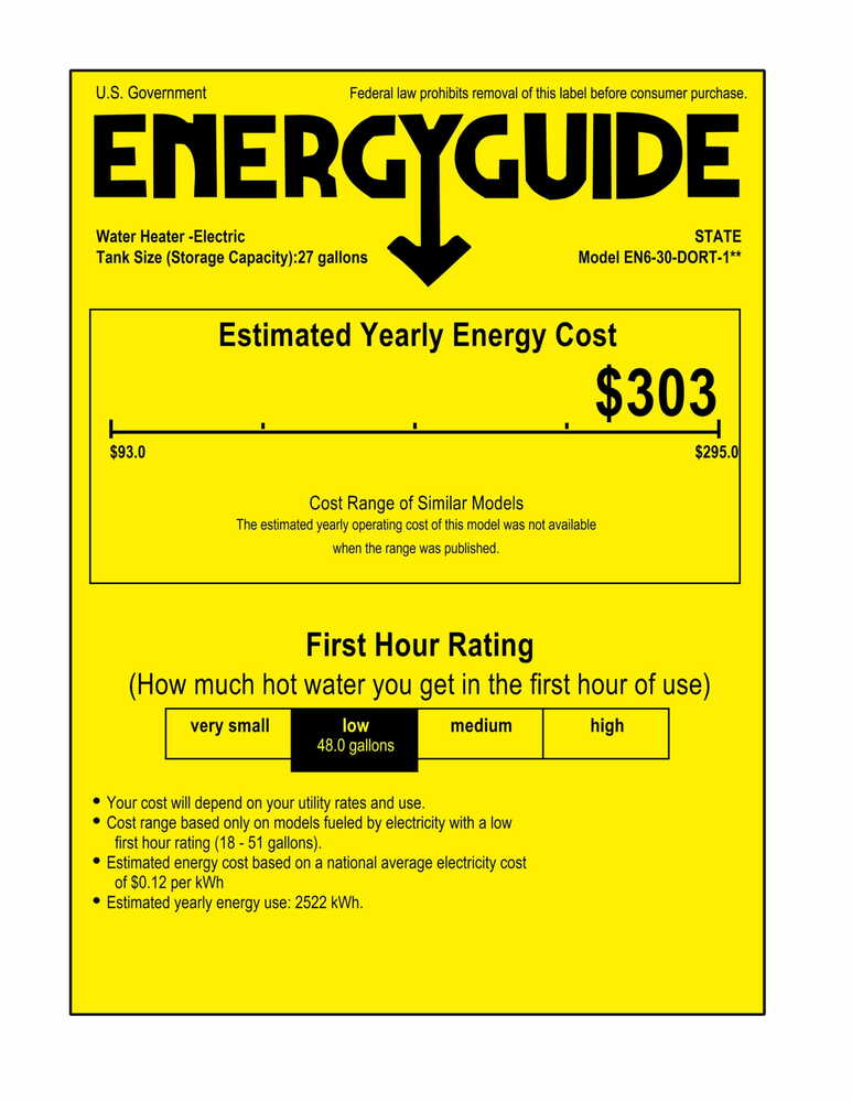 State EN6-30-DORT Proline Series 30 Gallon Capacity 4.5 kW Heating Input Tall Electric Water Heater